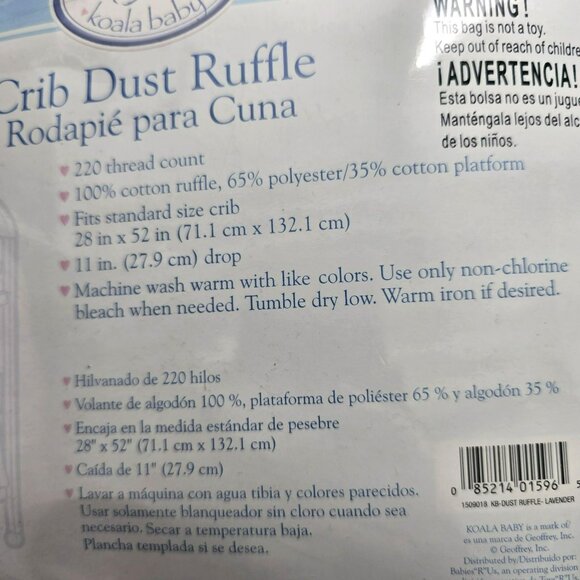 Koala Baby Crib Dust Ruffle Cotton 28 X 52 Inches Lavender Purple NIP JJ3978 - Picture 5 of 5